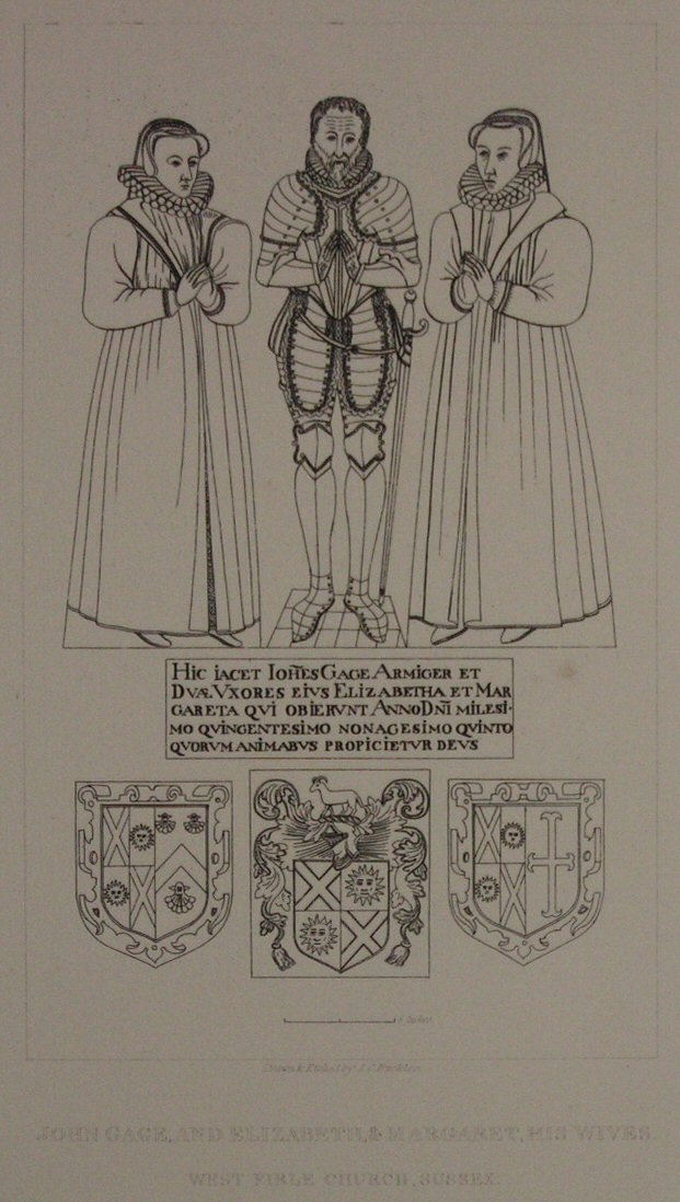 Etching - John Gage and Elizabeth & Margaret his Wives. West Firle Church, Sussex. - Buckler